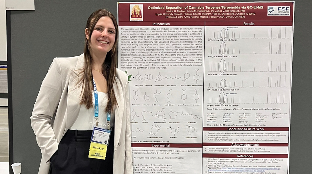 Kristina Martinet, Forensic Science '24, stands in front of her research presentation at the AAFS 2024 Conference in Denver.